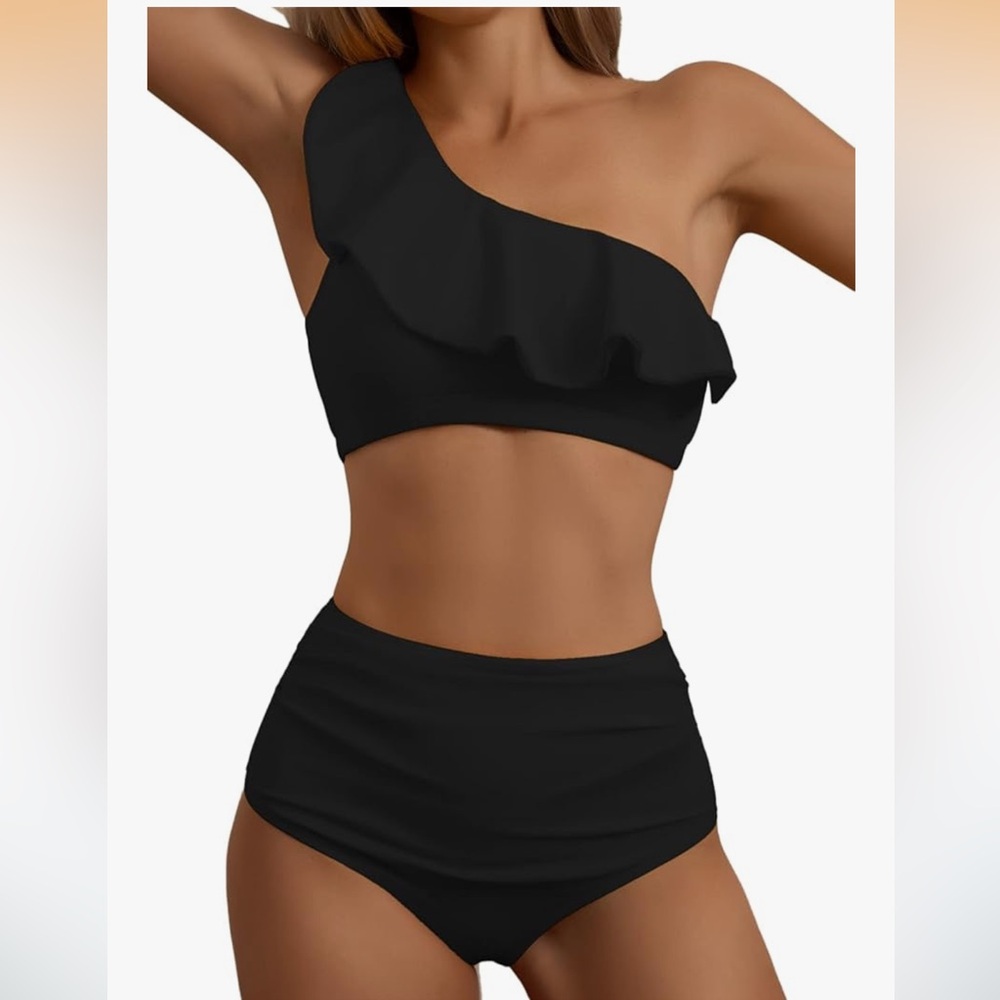Black One Shoulder Bikini Set High Waist